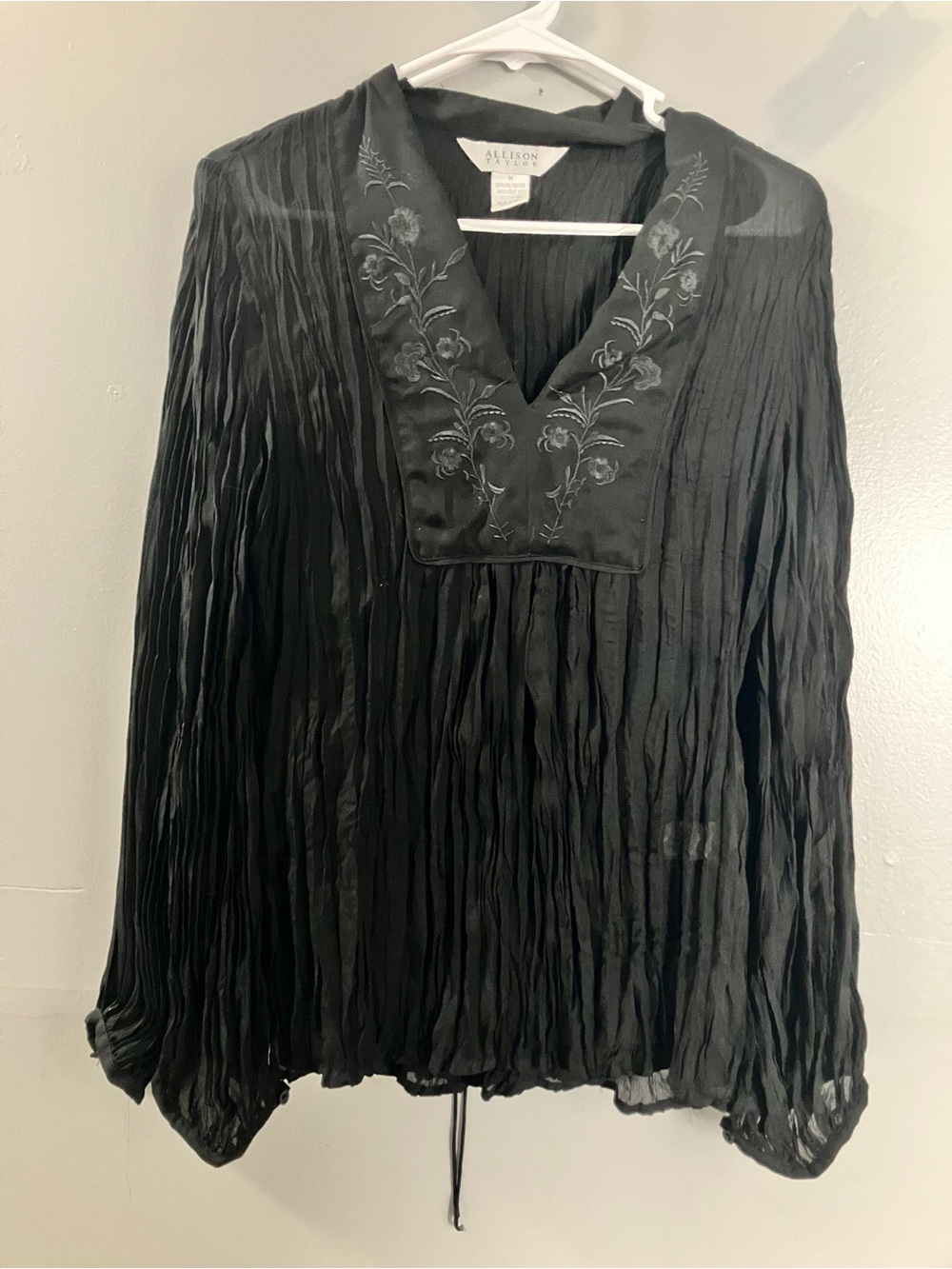 Allison Taylor Black Embroidered V-Neck Blouse with Blue Floral Accents - Picture 3 of 7